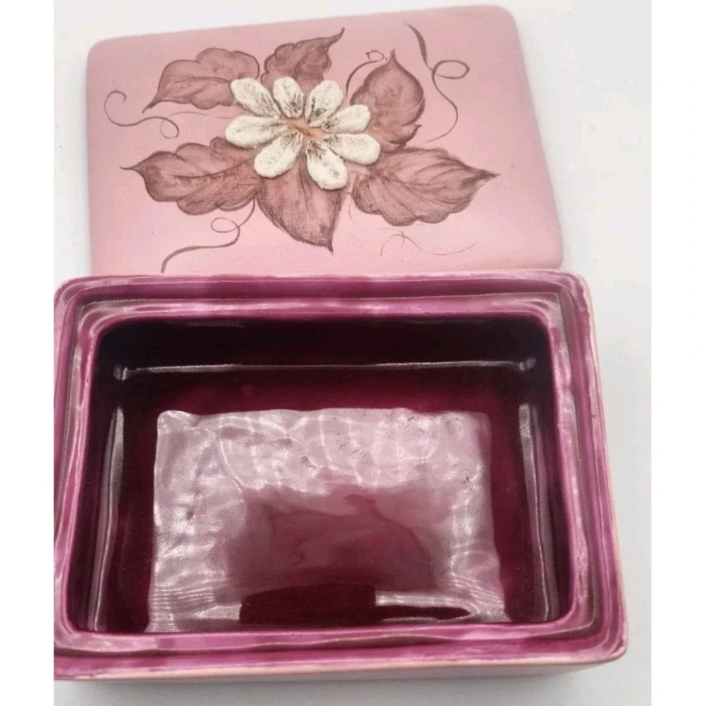 Ceramic Holland Mold Trinket Box Pink White Flowers Hand Painted 1 Of a Kind
